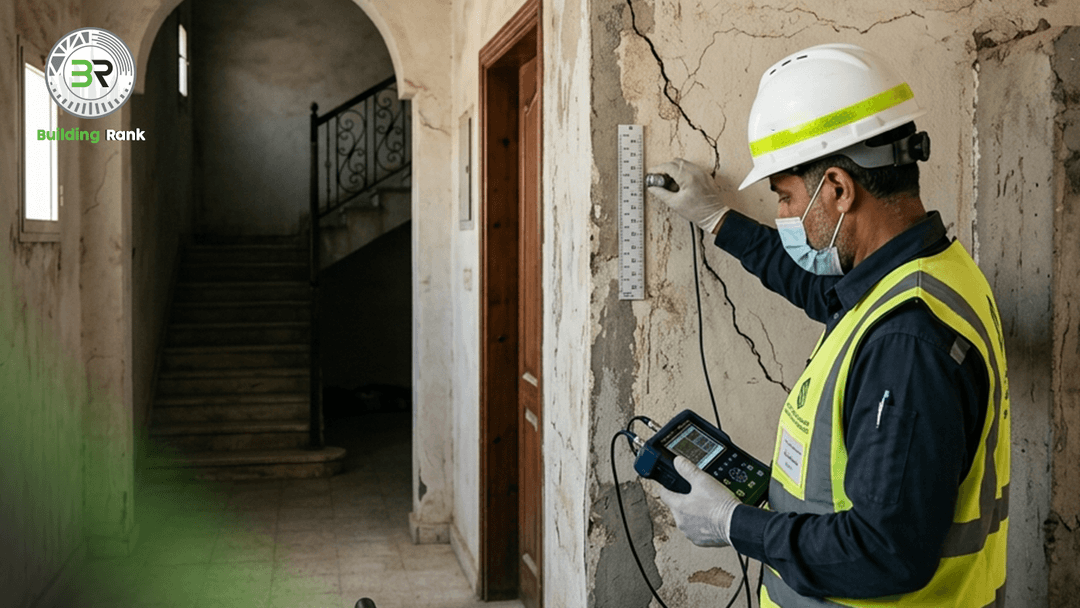 فحص مبنى قديم في الإمارات لكشف العيوب الإنشائية والرطوبة