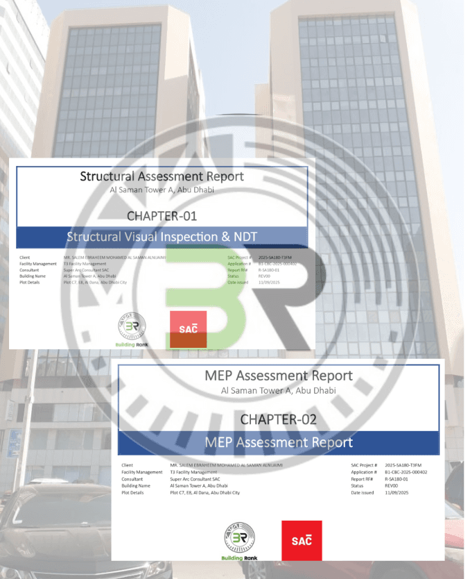 Building Rank conducting Structural and MEP inspection at Al SAMAN Tower in Abu Dhabi.