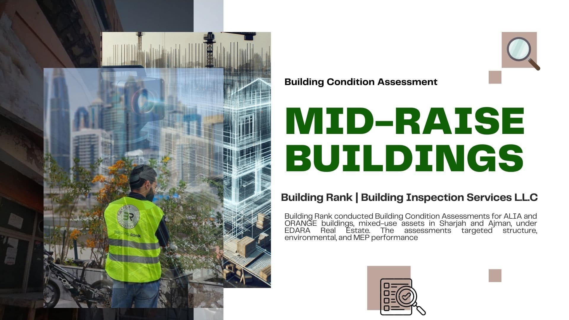 Building condition assessment for ALIA and ORANGE mixed-use buildings in Sharjah and Ajman.
